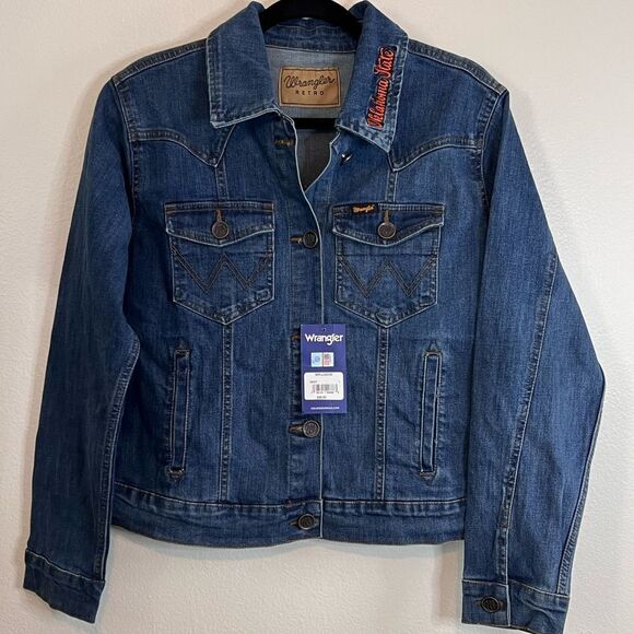 Wrangler Retro Oklahoma State Cowboys OSU Denim Trucker Jacket Women's Sz Large - Picture 1 of 7